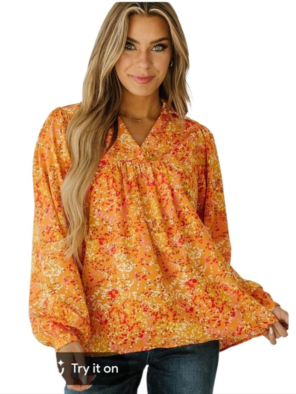 Women's Orange Print Long Sleeve Blouse Top Sz Large